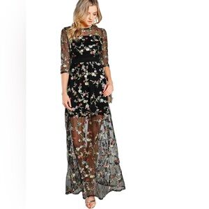 SHEIN Black and Gold Flutter Sleeve Sheath Maxi Dress